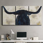 Three-panel canvas wall art featuring rustic animal portrait illustration, displayed above a desk in a home office.