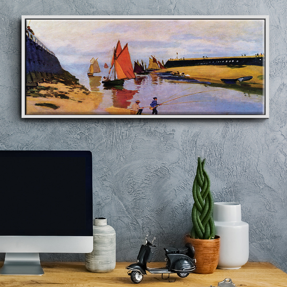 Breakwater at Trouville, Low Tide, 1870 - Floater Framed Canvas Print