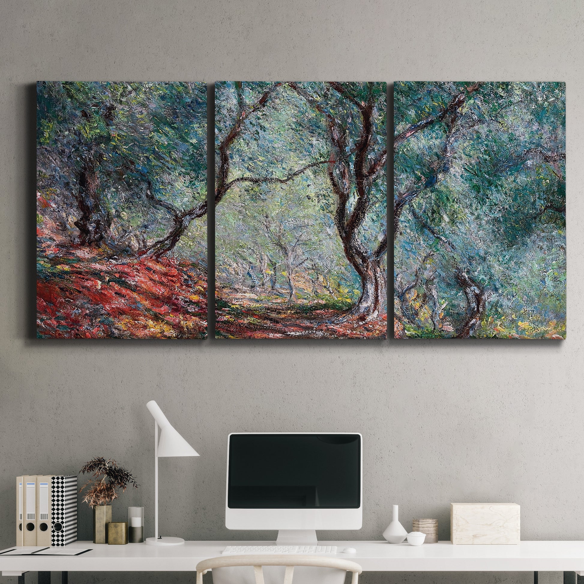 Three-panel canvas wall art featuring olive trees in sunlit garden, displayed above a desk in a home office.