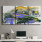Three-panel canvas wall art featuring quiet abstract mountain silhouette, displayed above a desk in a home office.