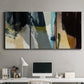Three-panel canvas wall art featuring layered neutral abstract textures, displayed above a desk in a home office.