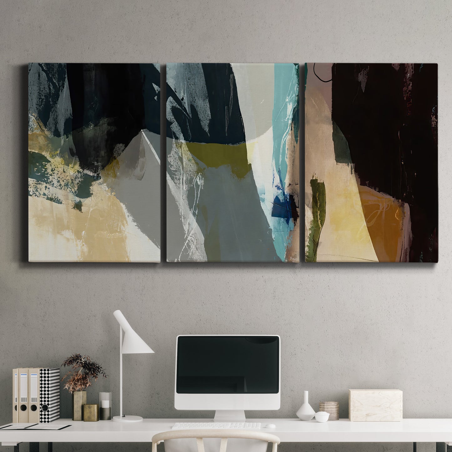 Three-panel canvas wall art featuring layered neutral abstract textures, displayed above a desk in a home office.