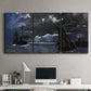 Three-panel canvas wall art featuring dark seascape under night sky, displayed above a desk in a home office.