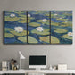 Three-panel canvas wall art featuring water lilies floating on pond, displayed above a desk in a home office.