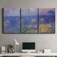 Three-panel canvas wall art featuring overcast bridge above river, displayed above a desk in a home office.