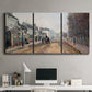 Three-panel canvas wall art featuring tree lined boulevard in town, displayed above a desk in a home office.