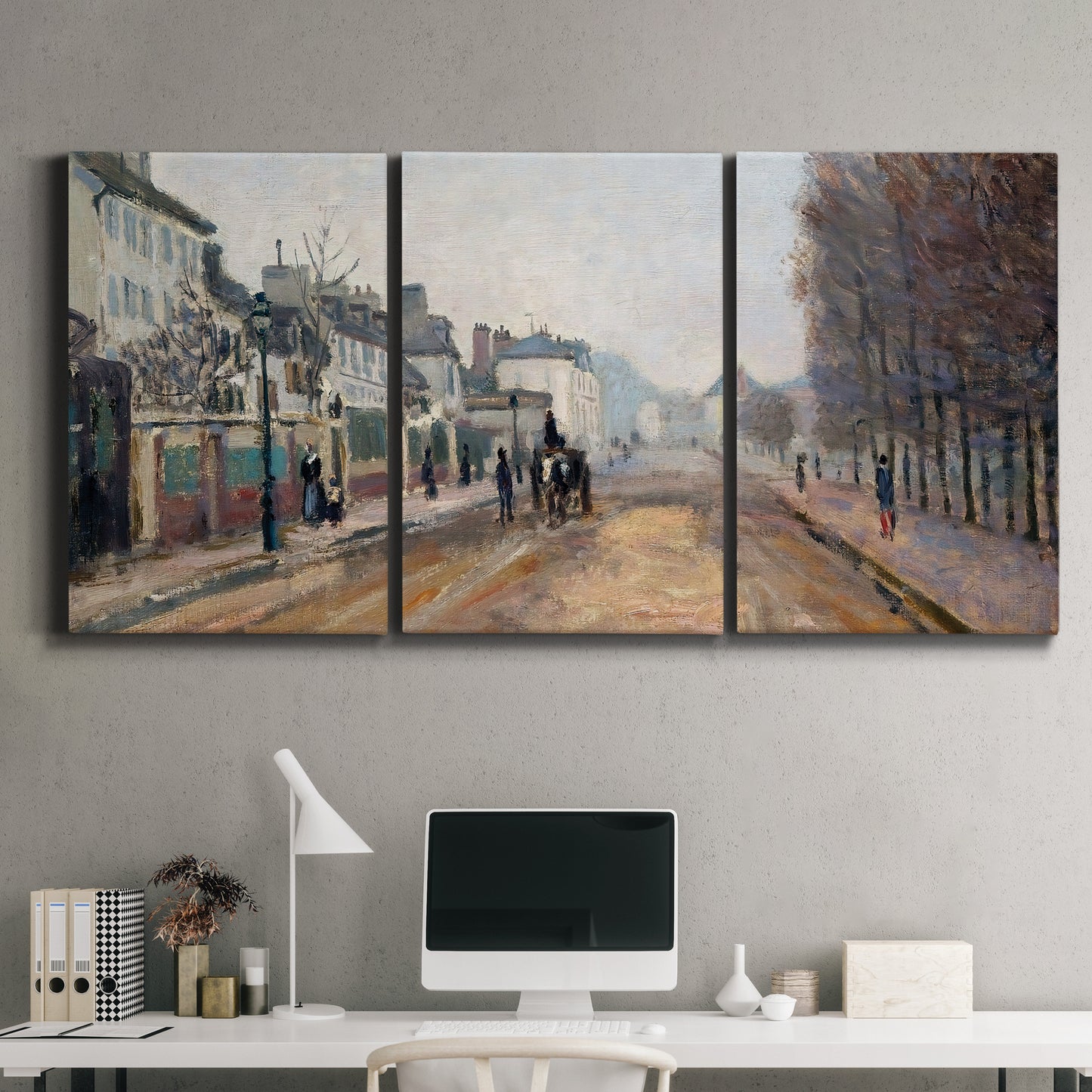 Three-panel canvas wall art featuring tree lined boulevard in town, displayed above a desk in a home office.