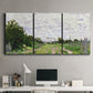 Three-panel canvas wall art featuring spring landscape with blossoming trees, displayed above a desk in a home office.