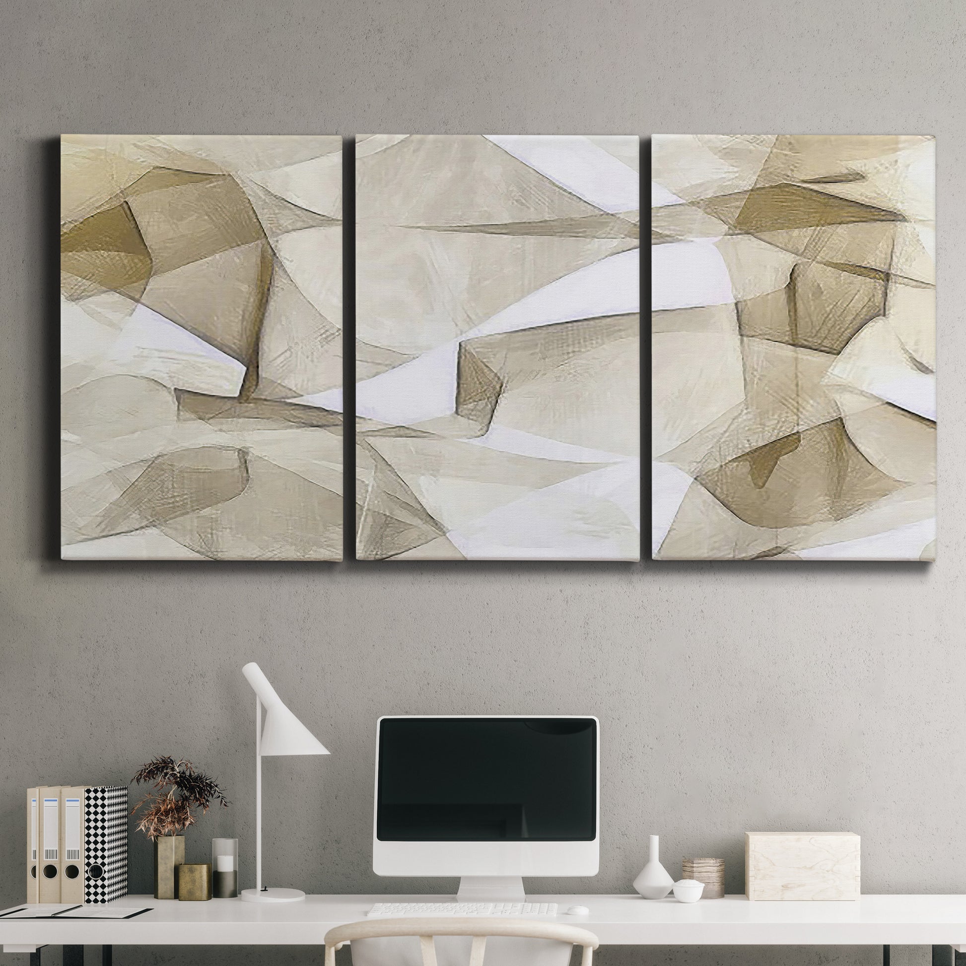 Three-panel canvas wall art featuring soft abstract meditative color balance, displayed above a desk in a home office.