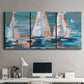 Three-panel canvas wall art featuring graphic pop style sailboats, displayed above a desk in a home office.