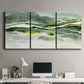 Three-panel canvas wall art featuring abstract passage of time composition, displayed above a desk in a home office.