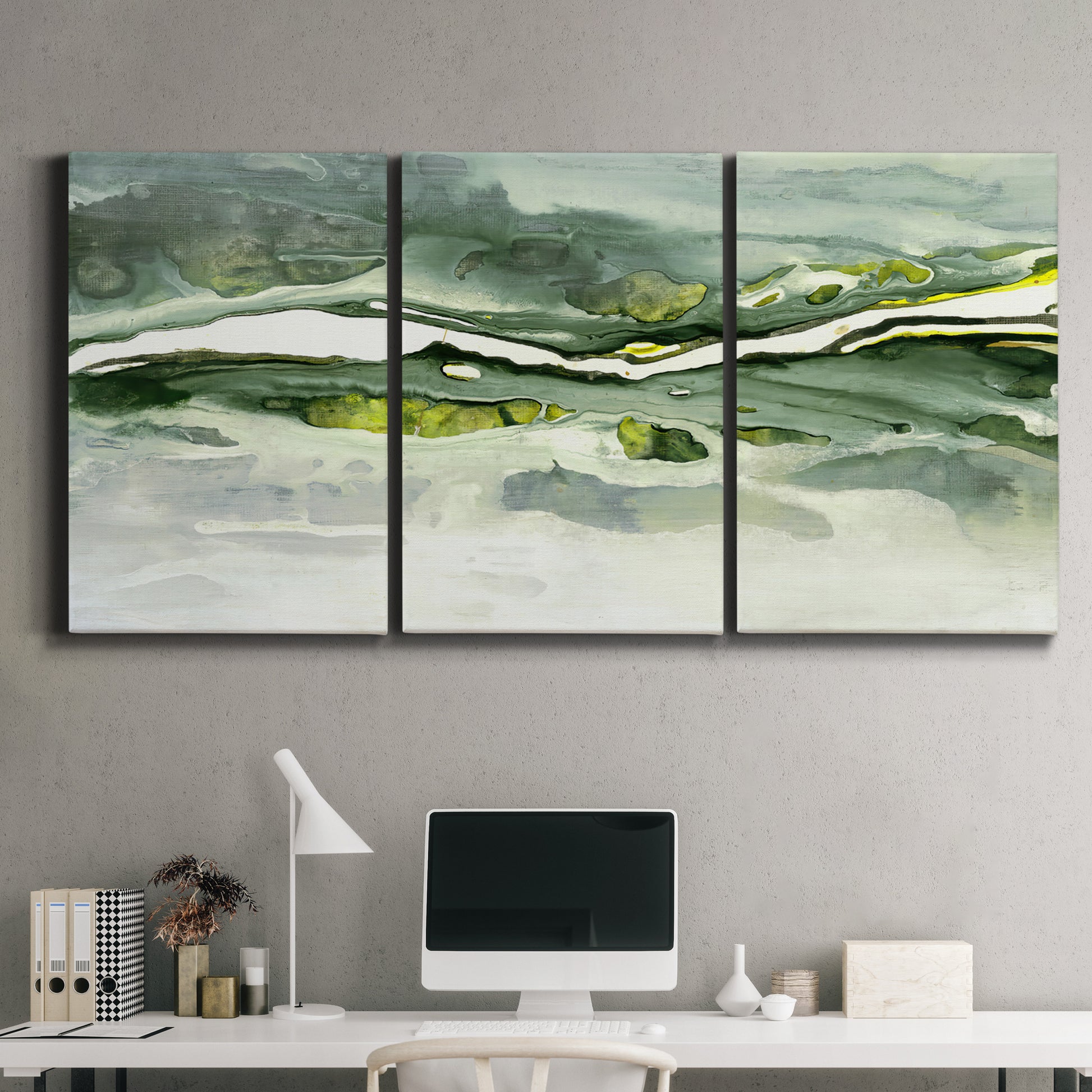 Three-panel canvas wall art featuring abstract passage of time composition, displayed above a desk in a home office.