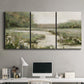 Three-panel canvas wall art featuring narrow path through quiet landscape, displayed above a desk in a home office.