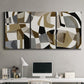 Three-panel canvas wall art featuring overlapping mid century geometric shapes, displayed above a desk in a home office.