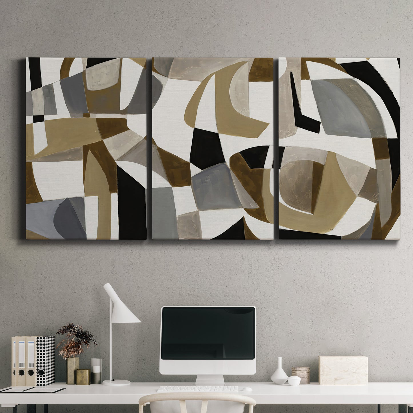 Three-panel canvas wall art featuring overlapping mid century geometric shapes, displayed above a desk in a home office.