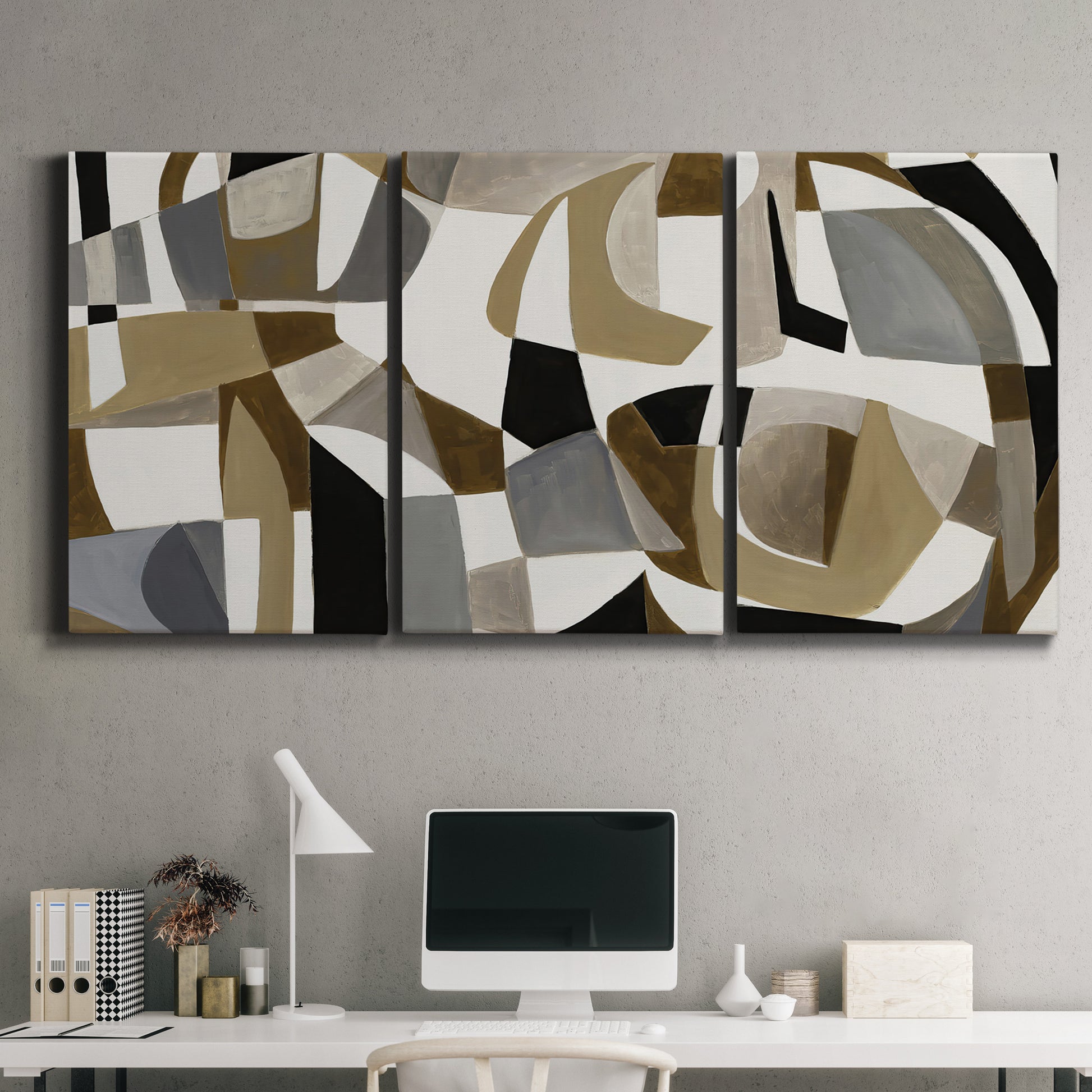 Three-panel canvas wall art featuring overlapping mid century geometric shapes, displayed above a desk in a home office.