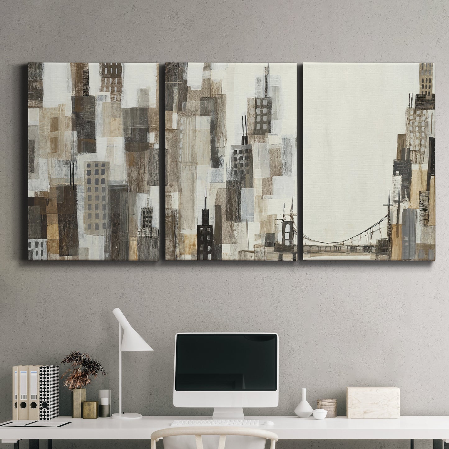 Three-panel canvas wall art featuring abstract harbor inspired composition, displayed above a desk in a home office.