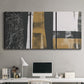 Three-panel canvas wall art featuring industrial mid century abstract glitch, displayed above a desk in a home office.