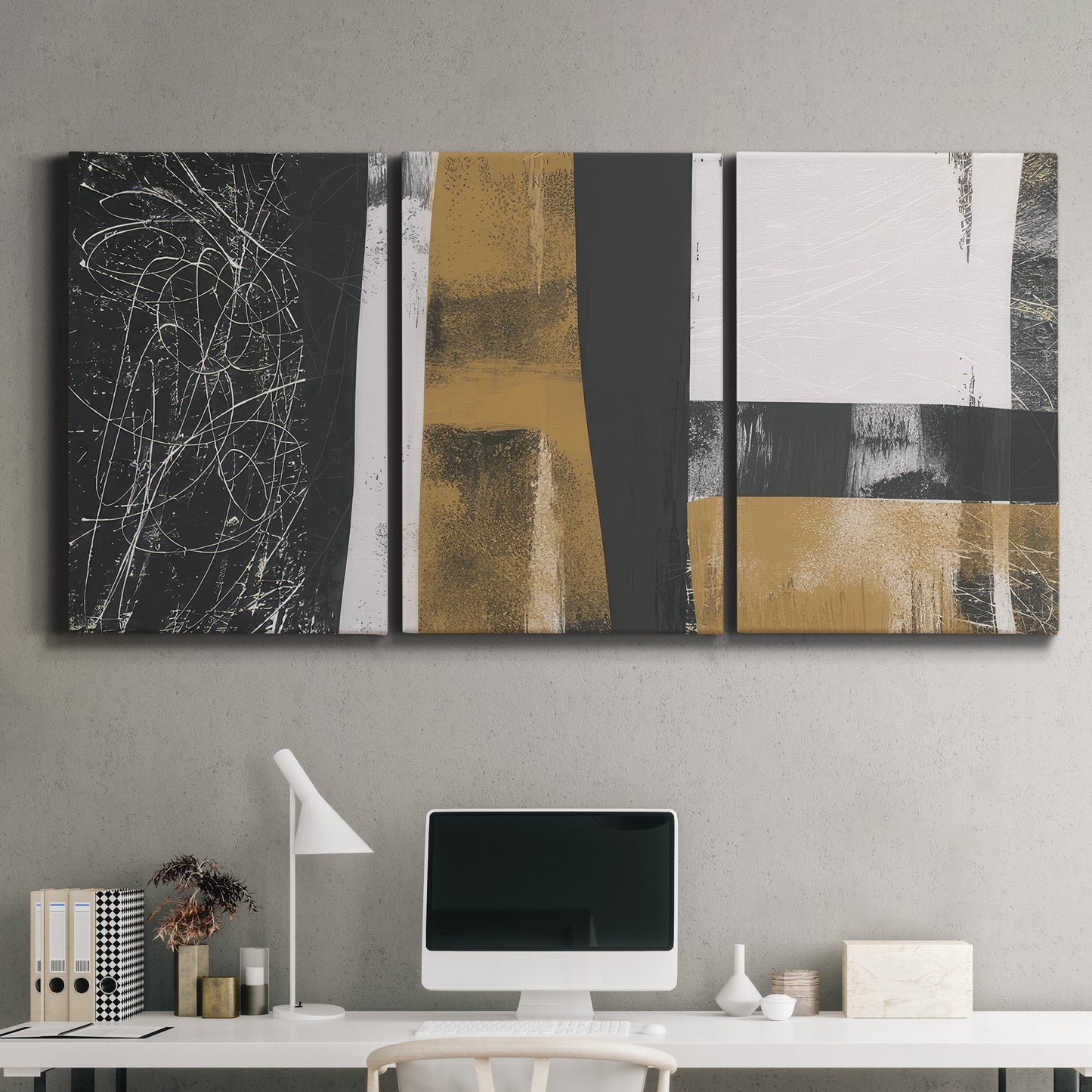 Three-panel canvas wall art featuring industrial mid century abstract glitch, displayed above a desk in a home office.