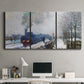 Three-panel canvas wall art featuring steam train in snowy landscape, displayed above a desk in a home office.