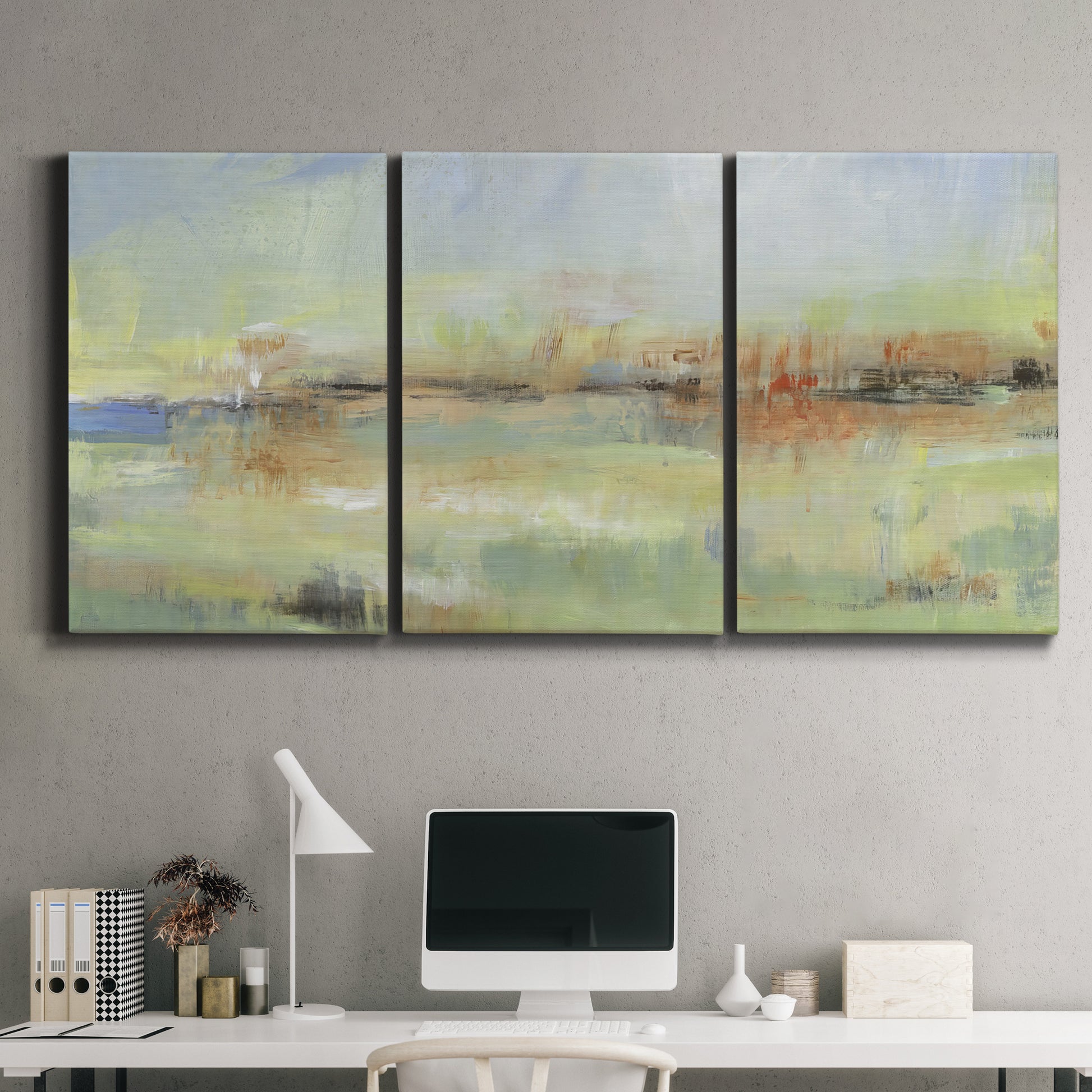 Three-panel canvas wall art featuring layered abstract transitional textures, displayed in a modern living room above a sofa.