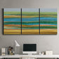 Three-panel canvas wall art featuring parallel linear abstract striations, displayed above a desk in a home office.