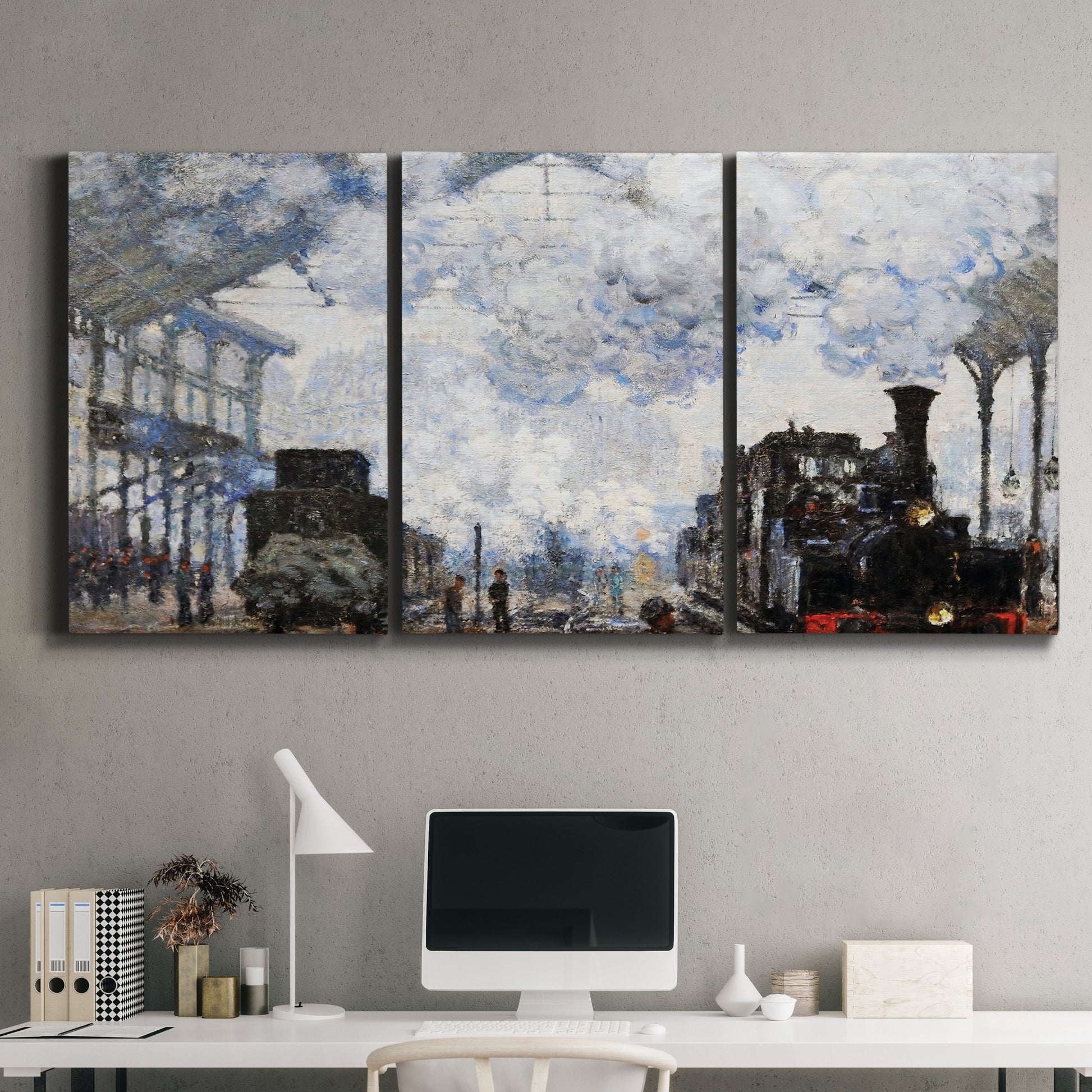 Three-panel canvas wall art featuring playful peach toned floral composition, displayed above a desk in a home office.