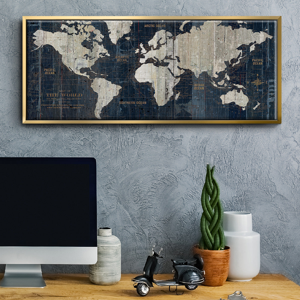Old World Map Blue - Floater Framed Canvas Print