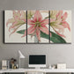 Three-panel canvas wall art featuring vintage styled amaryllis floral study, displayed above a desk in a home office.