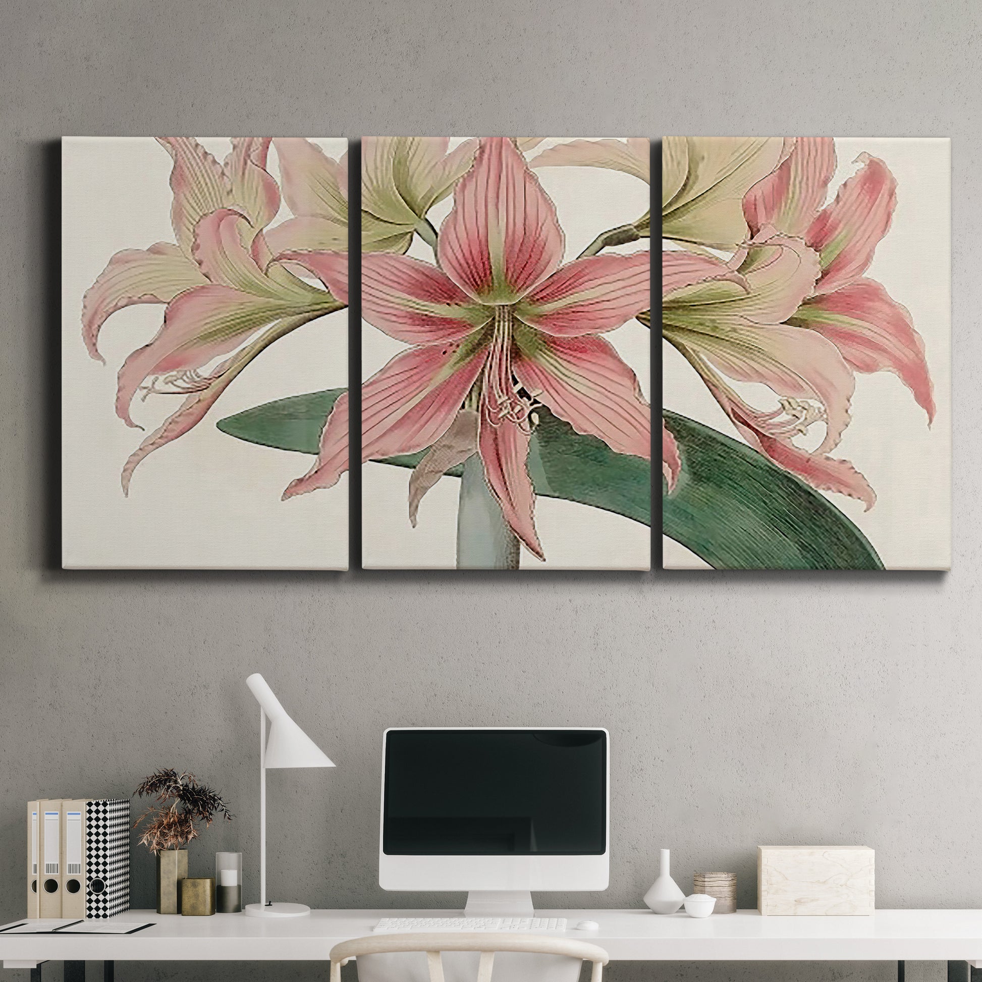 Three-panel canvas wall art featuring vintage styled amaryllis floral study, displayed above a desk in a home office.