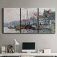 Three-panel canvas wall art featuring historic canal view with boats, displayed above a desk in a home office.