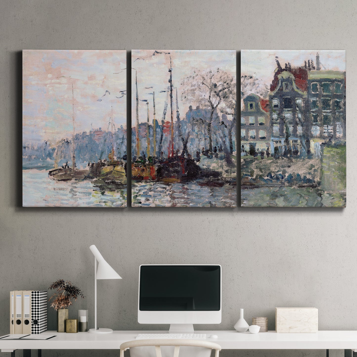 Three-panel canvas wall art featuring historic canal view with boats, displayed above a desk in a home office.