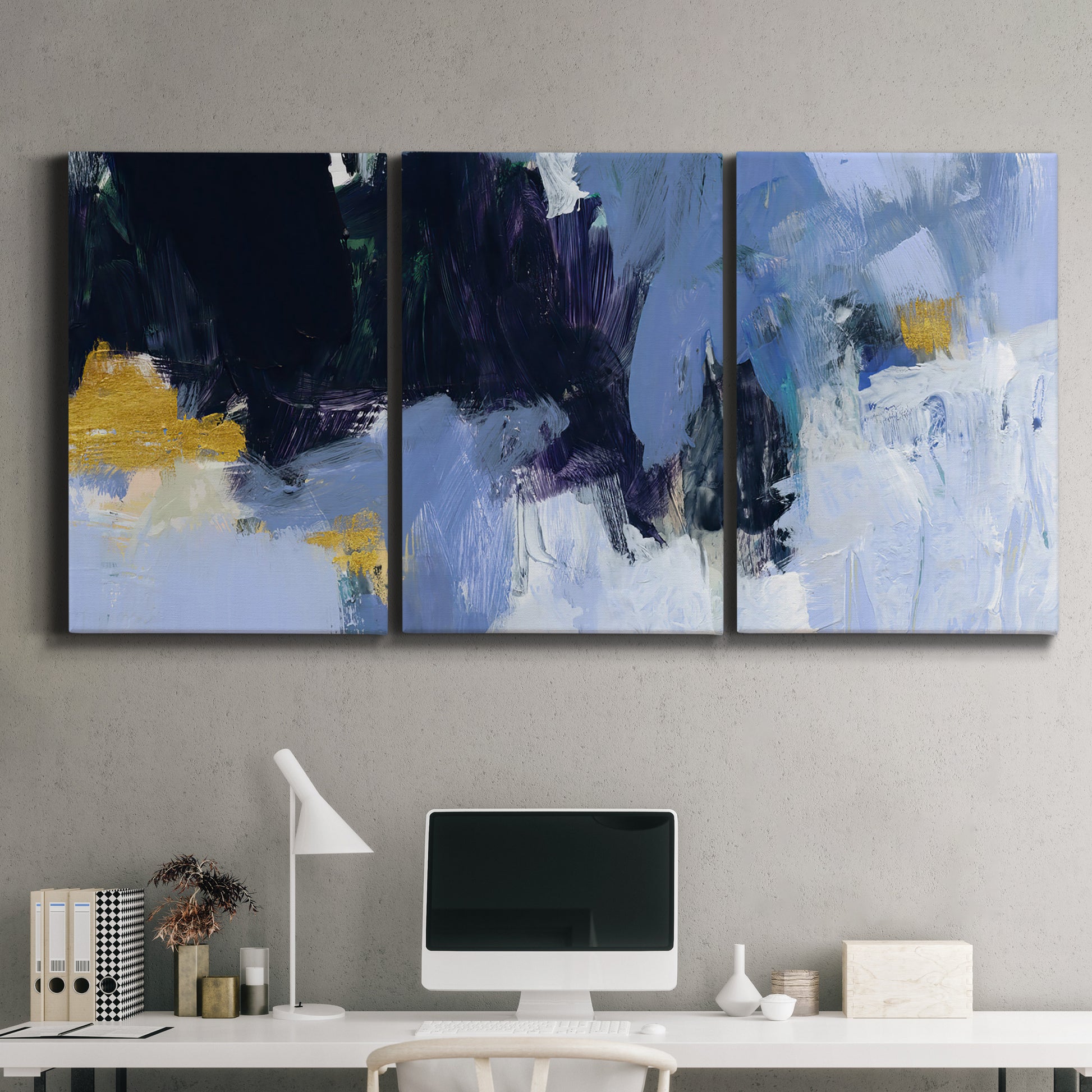 Three-panel canvas wall art featuring icy abstract arctic ledge, displayed above a desk in a home office.