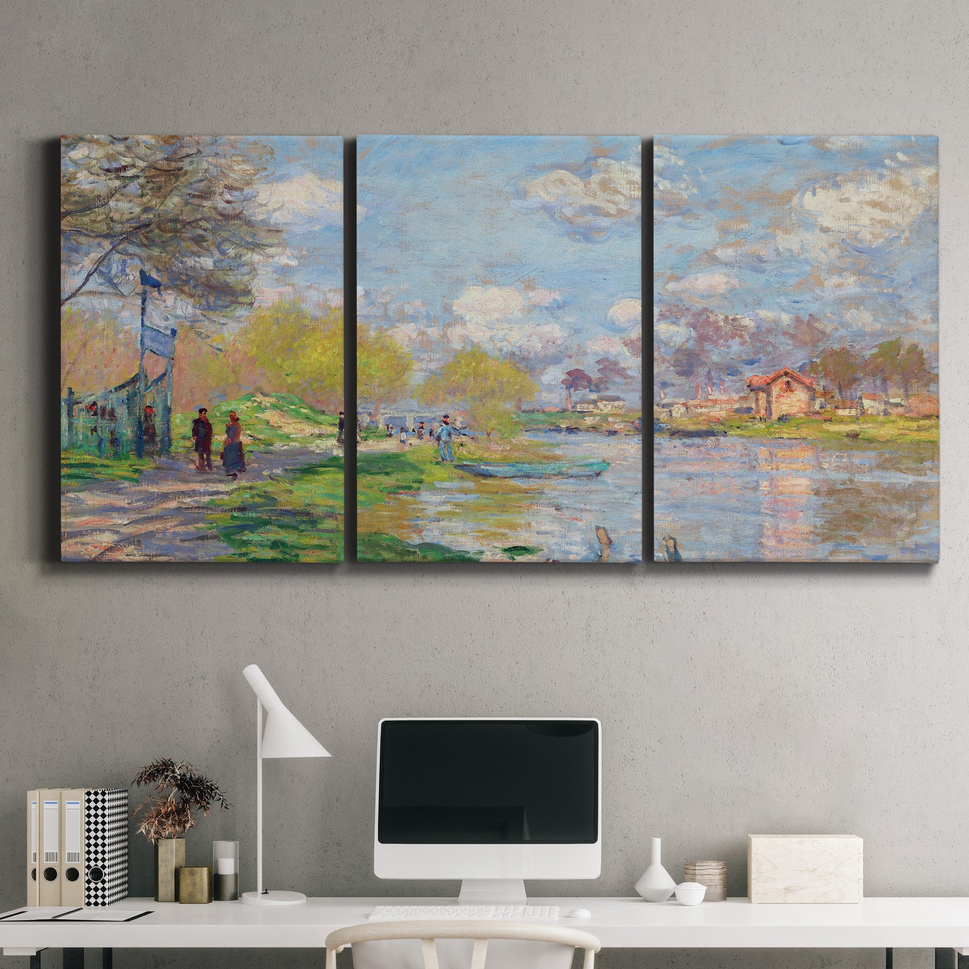 Three-panel canvas wall art featuring formal city park with trees, displayed above a desk in a home office.