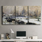 Three-panel canvas wall art featuring snowy village road in winter, displayed above a desk in a home office.