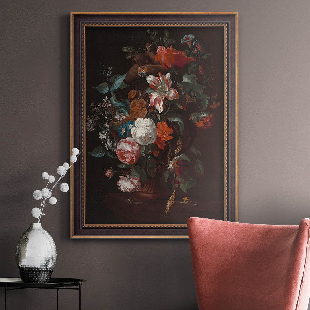 Classical floral still life painting by Jan van Huysum in an ornate bronzed mahogany wood frame displayed in a neutral interior setting.