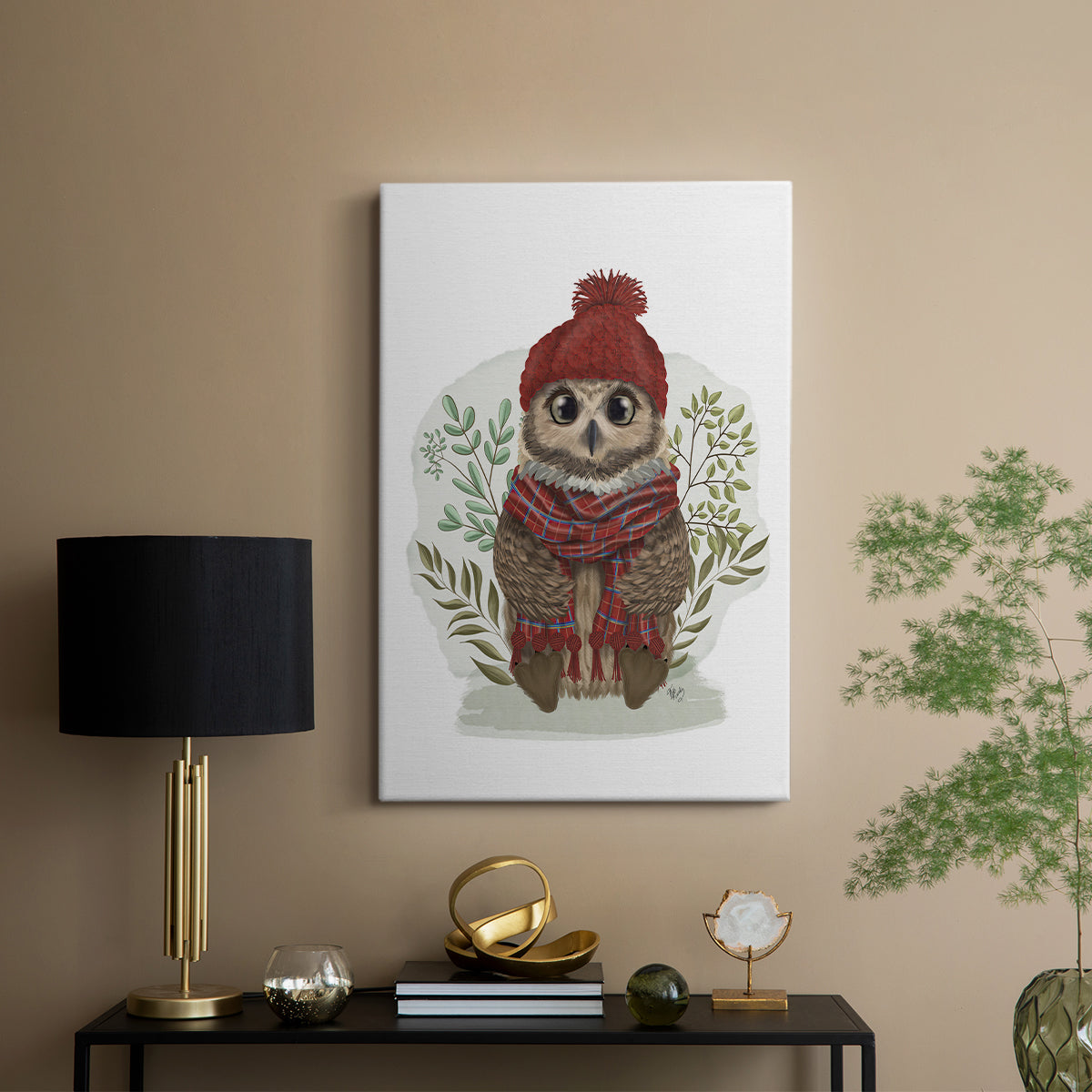 Owl in Tartan Scarf - Canvas Art Print