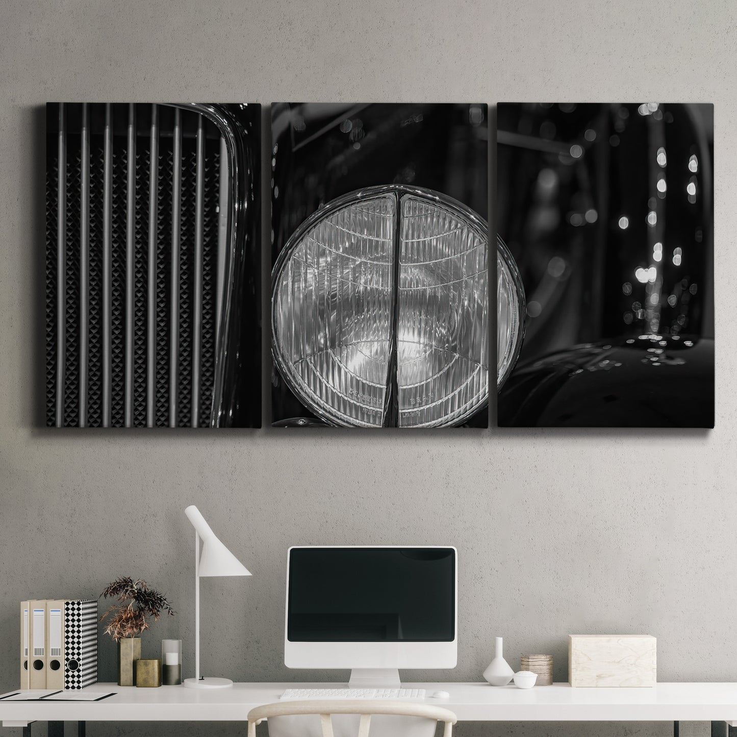 Three-panel canvas wall art featuring vintage car grille detail, displayed above a desk in a home office.