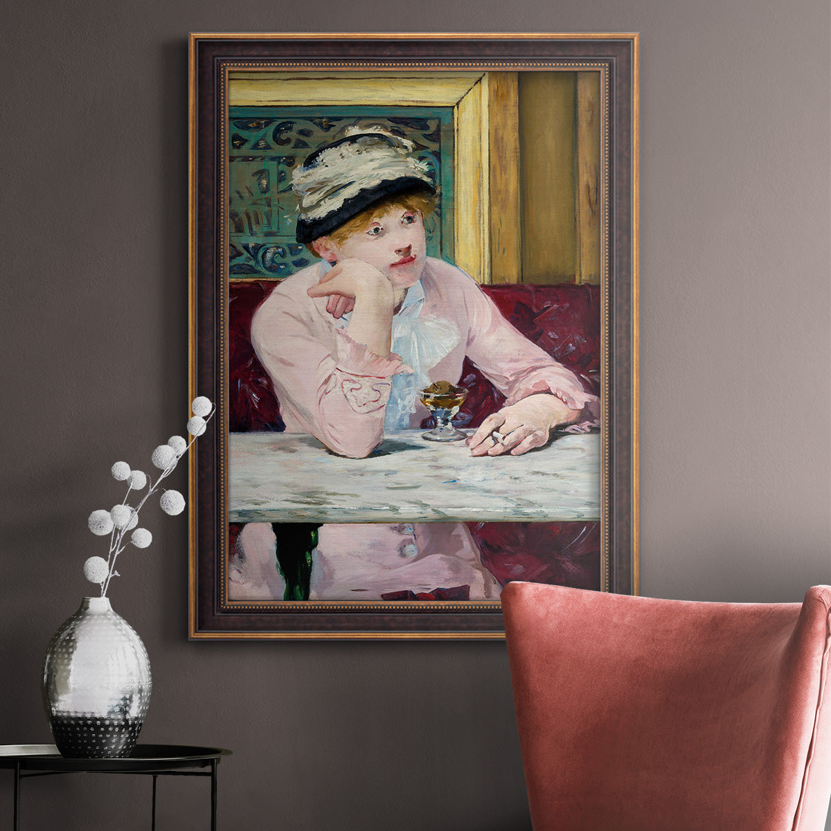 Impressionist portrait scene with plum brandy by Édouard Manet in an ornate bronzed mahogany wood frame displayed in a neutral interior setting.