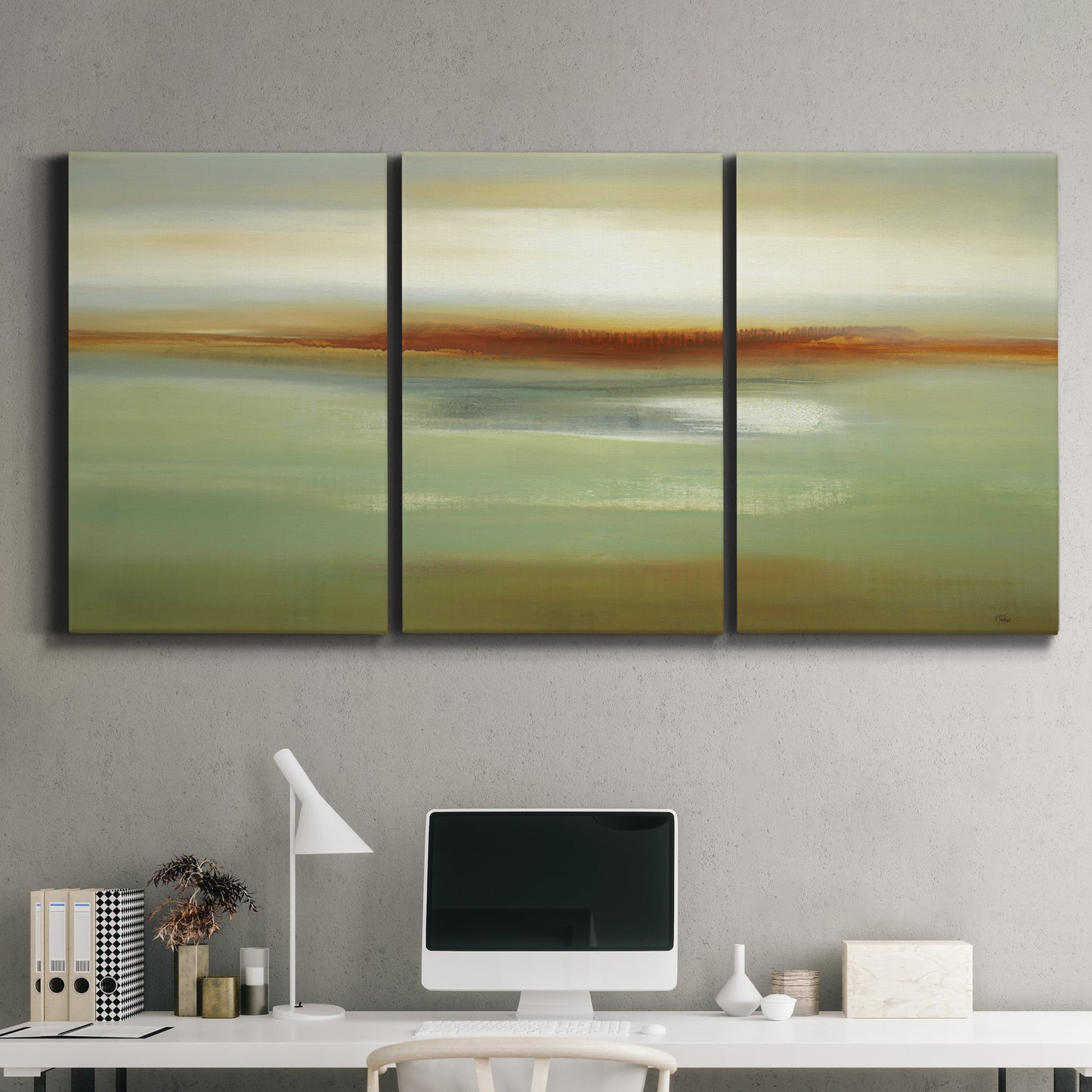 Three-panel canvas wall art featuring green focused abstract color vision, displayed above a desk in a home office.