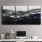 Three-panel canvas wall art featuring abstract passage of time composition, displayed above a desk in a home office.