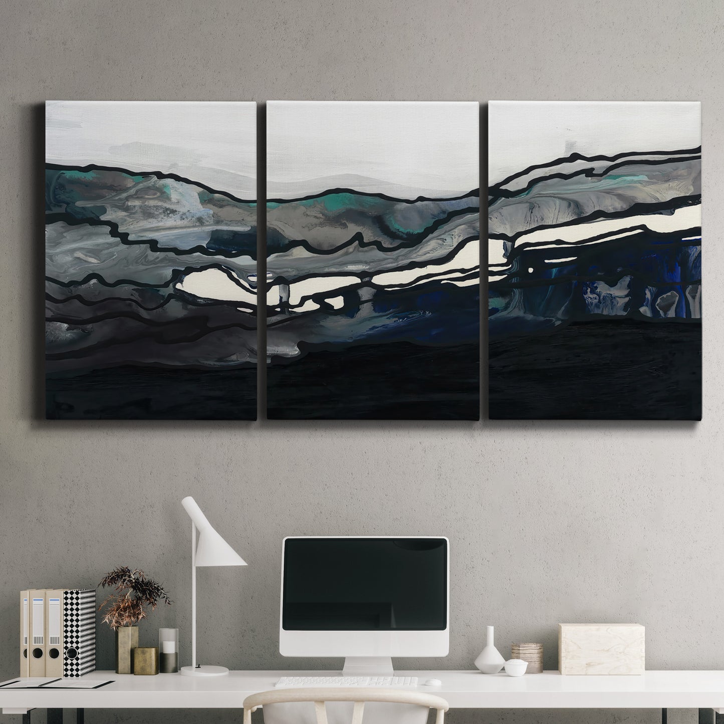 Three-panel canvas wall art featuring abstract passage of time composition, displayed above a desk in a home office.