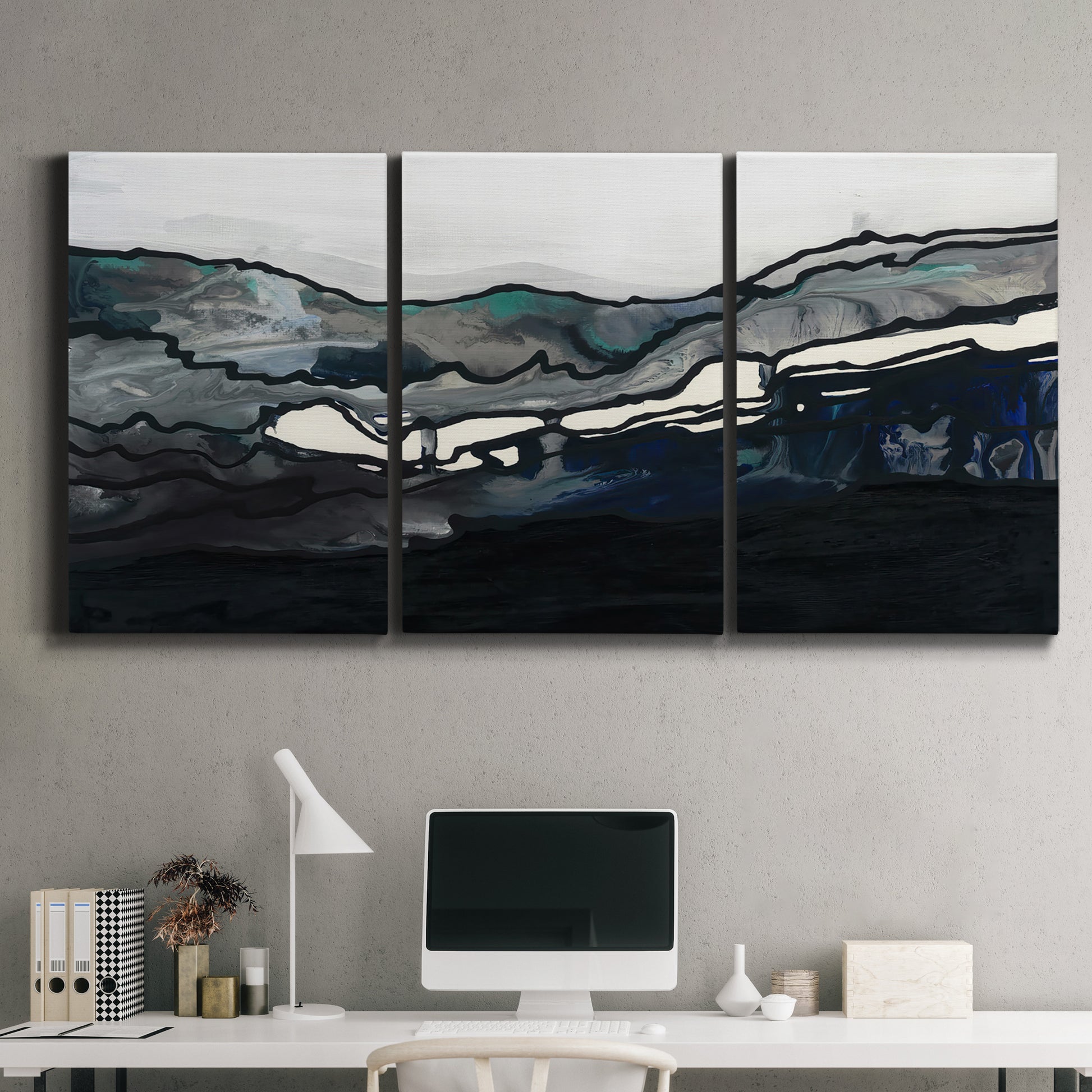 Three-panel canvas wall art featuring abstract passage of time composition, displayed above a desk in a home office.