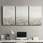 Three-panel canvas wall art featuring dark textured abstract mist, displayed above a desk in a home office.