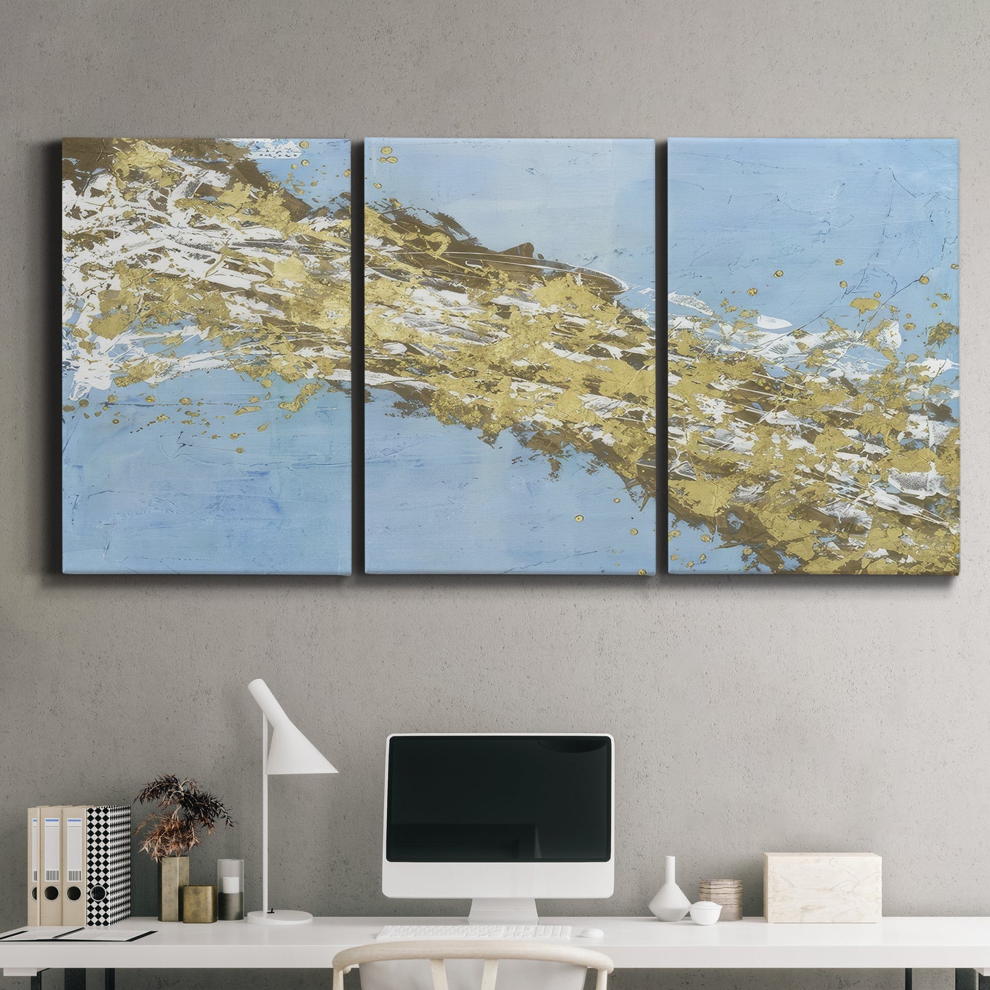 Three-panel canvas wall art featuring , displayed above a desk in a home office.