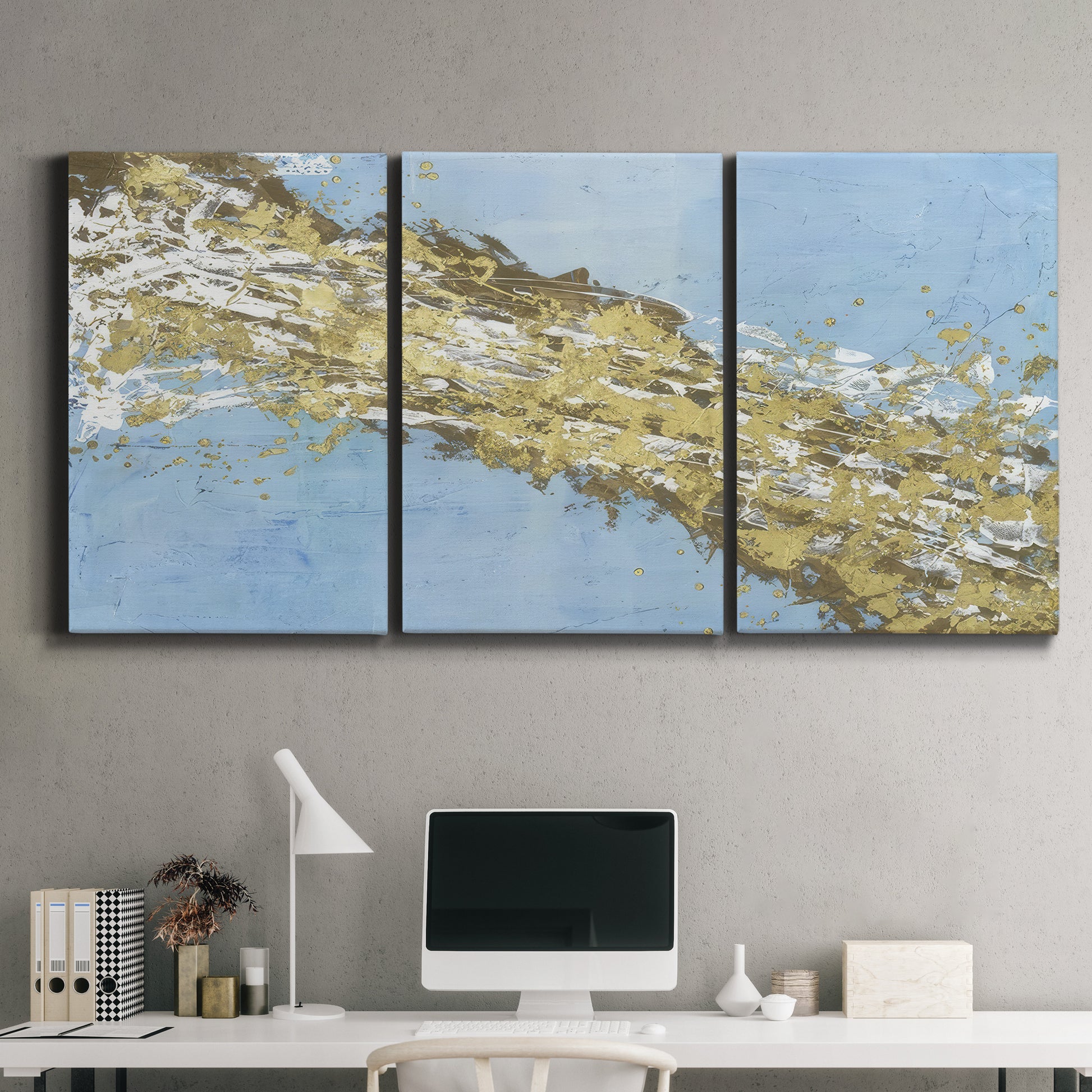 Three-panel canvas wall art featuring , displayed above a desk in a home office.