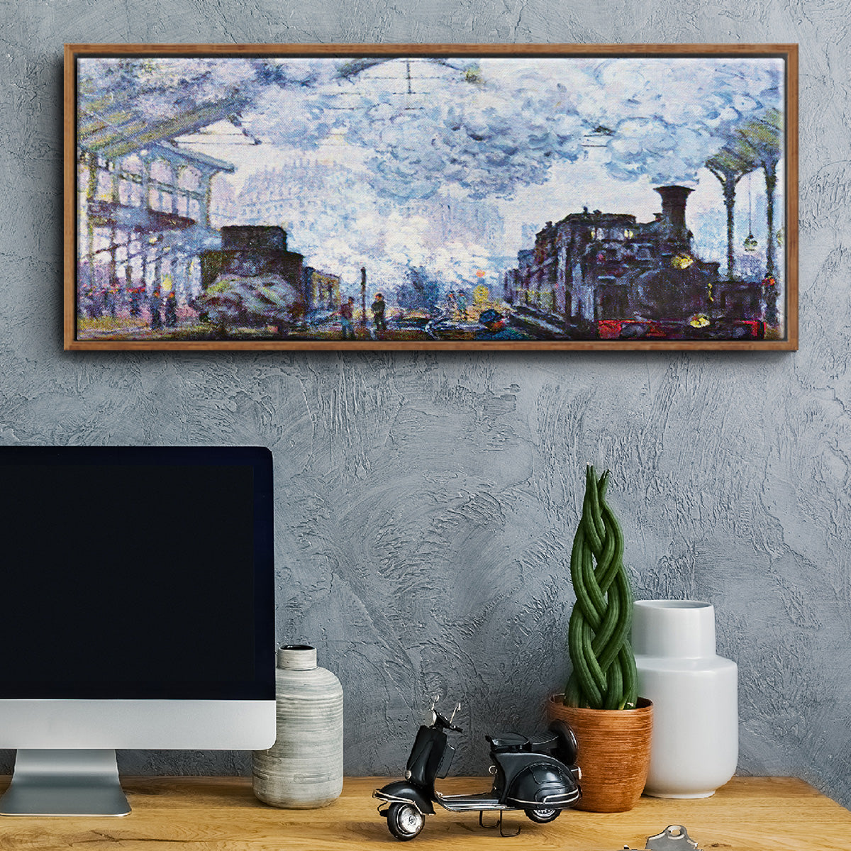 Saint Lazare Station in Paris, Arrival of a Train - Floater Framed Canvas Print