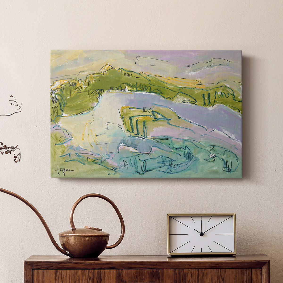 Serene coastal landscape with gentle waves and green hills under soft pastel skies at sunset