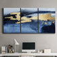 Three-panel canvas wall art featuring coastal shoreline with warm light, displayed above a desk in a home office.