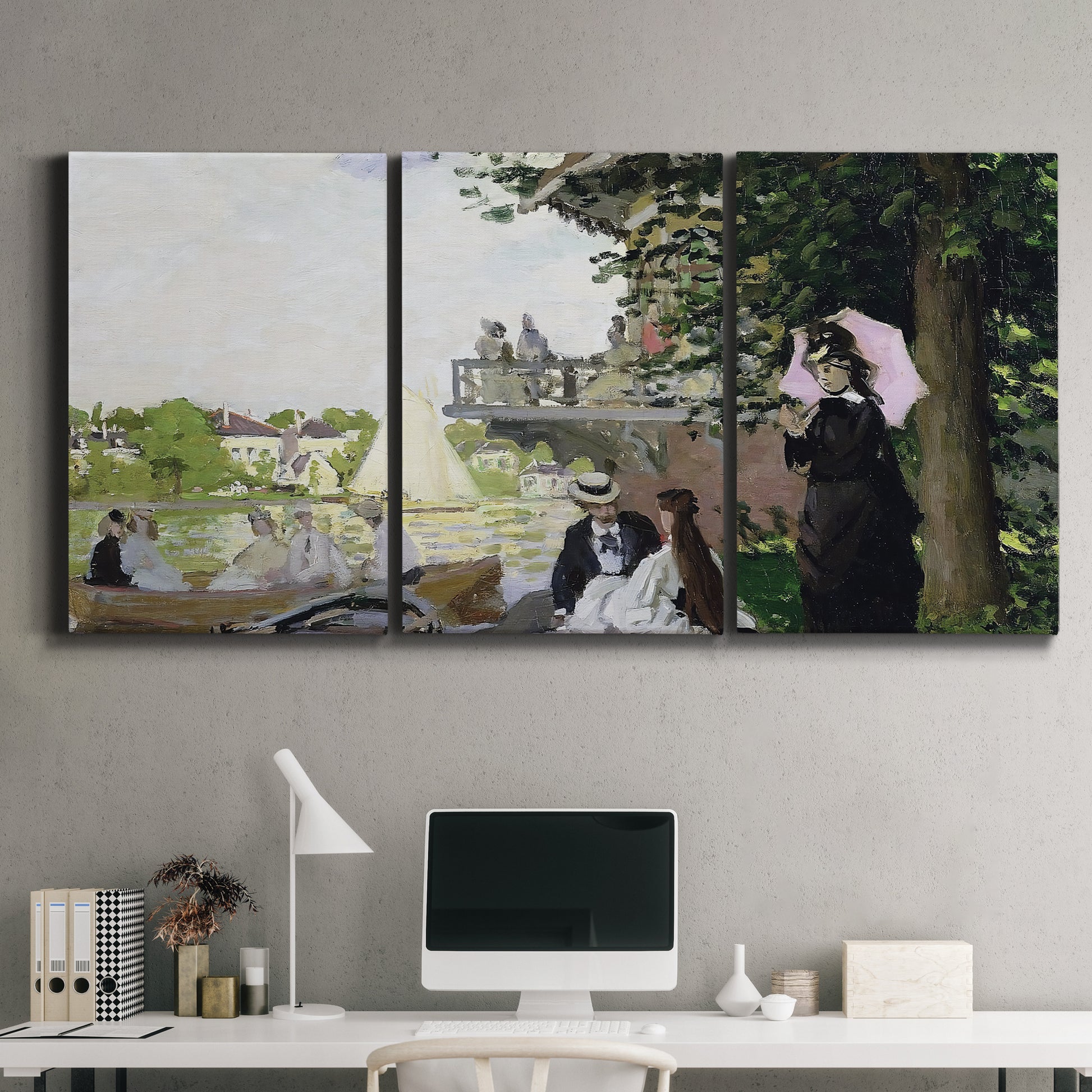 Three-panel canvas wall art featuring garden house beside river, displayed above a desk in a home office.